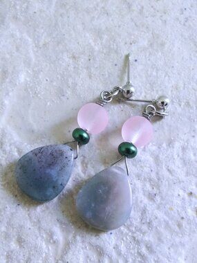 Feminine Cool Color Palette Earrings! Smoke, Blue-Gray, Green & Pink India Agate